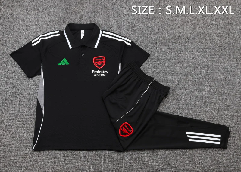 Conjunto Completo Polo Arsenal 2025 2026 Negro Rojo Verde Arsenal Conjunto 2025 2026 Negro - Maglia Arsenal | tiendasdefutboles