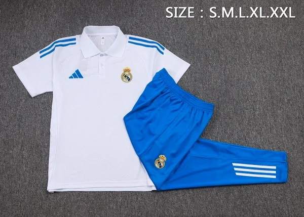 Conjunto Completo Polo Real Madrid 2025 2026 Blanco Azul Real Madrid Conjunto 2025 2026 Blanco - Maglia Real Madrid | tiendasdefutboles
