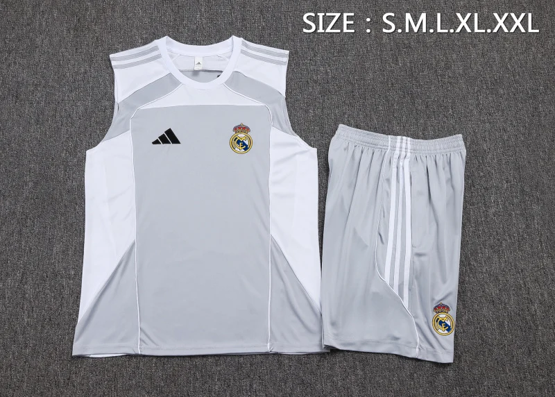 Entrenamiento Sin Mangas Conjunto Completo Real Madrid 2025 2026 Gris Blanco Real Madrid Conjunto 2025 2026 Gris - Maglia Real Madrid | tiendasdefutboles