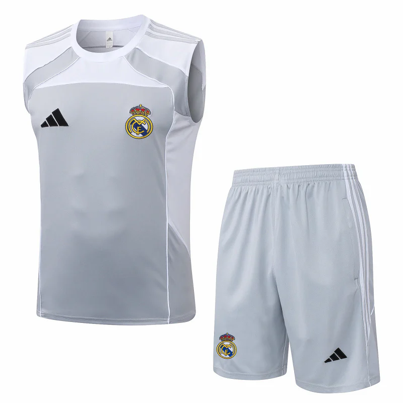 Entrenamiento Sin Mangas Conjunto Completo Real Madrid 2025 2026 Gris Blanco Real Madrid Conjunto 2025 2026 Gris - Maglia Real Madrid | tiendasdefutboles