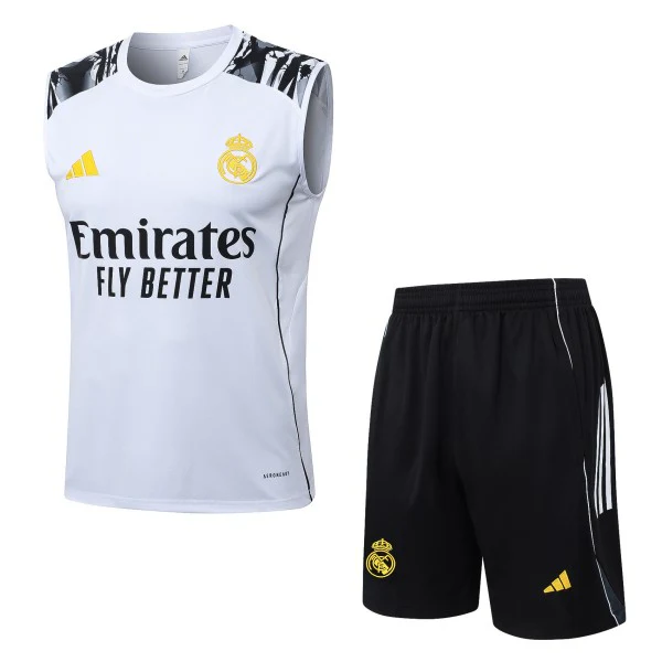Entrenamiento Sin Mangas Conjunto Completo Real Madrid 2025 2026 Blanco Amarillo Negro Real Madrid Conjunto 2025 2026 Blanco - Real Madrid Barata | tiendasdefutboles