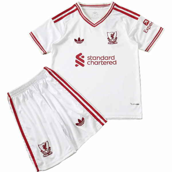 Segunda Conjunto De Niños Liverpool 2026 2027 Blanco Rojo Liverpool Niños Conjunto 2026 2027 Segunda Blanco - Equipacion Liverpool Niños | tiendasdefutboles